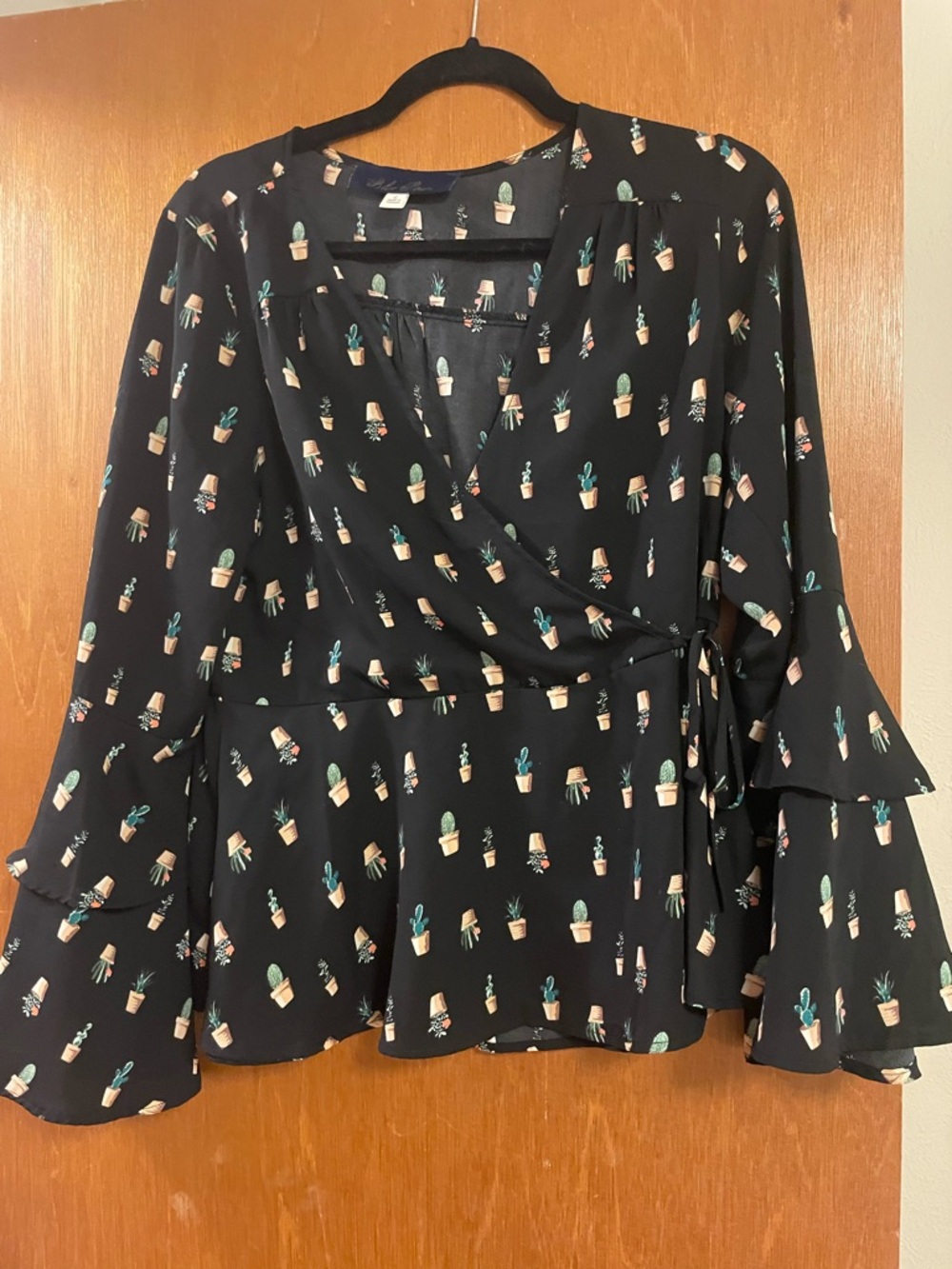Blue Rain Black Wrap Blouse with Cactus Pot Motif